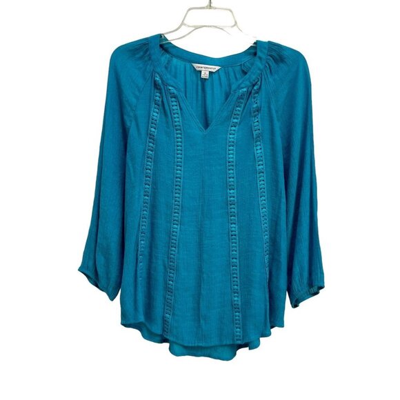 Counterparts Tops - Counterparts Blue Knit Lace Trim Blouse 3/4 Sleeve Elastic Cuff Size M